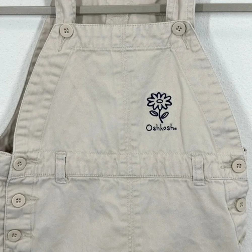 Oshkosh B'gosh Baby Girl Tan Flower Embroidered Denim Khaki Overall Dress Size 4